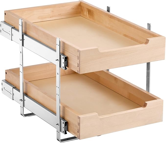 VEVOR 2 Tier Pull Out Cabinet Organizer, 14" W x 21" D Cabinet Drawer, Soft Close Slide out Shelf, Heavy-Duty Sliding Wood Drawer, Adjustable Base Cabinet Organization for Kitchen Pantry Bathroom
