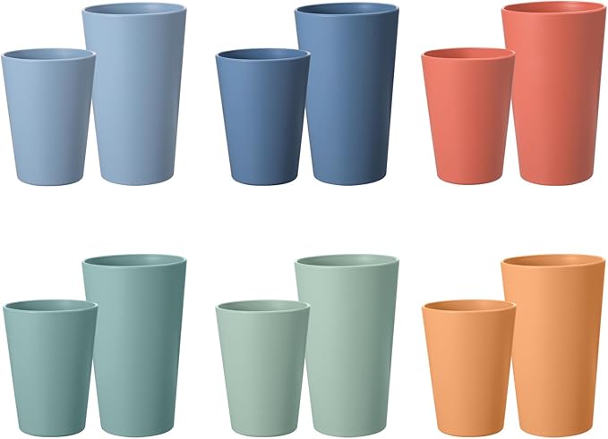 HEYCOME Set of 12 Wheat Straw Cups, 6 Pcs 20 oz & 6 Pcs 12 oz Unbreakable Drinking Cups, Reusable Plastic Cups Sets for Outdoor Camp Kitchen, Microwave & Dishwasher Safe, Bpa Free, 6 Colors