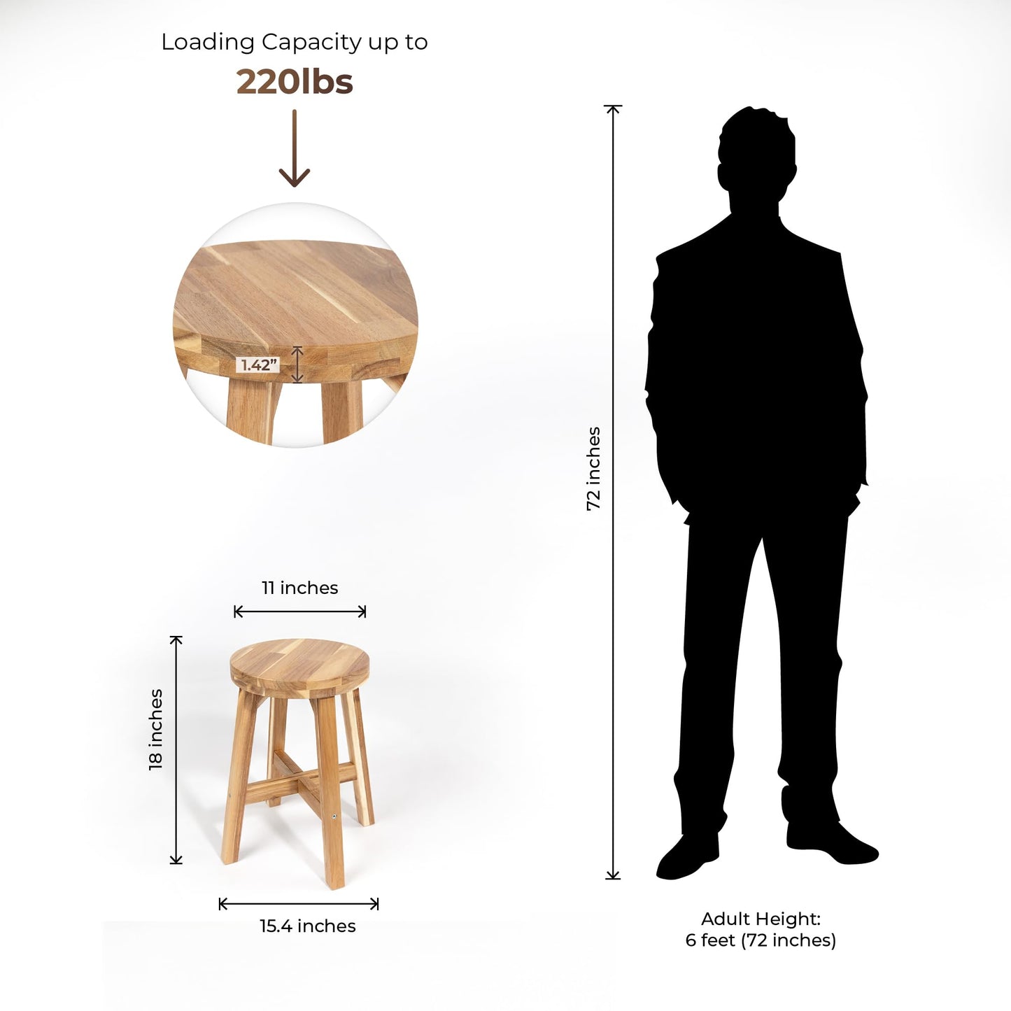 ARROWSTONE Round Stool Acacia Wood, 18" Height, 11'' Round Top, Backless, Easy Assembly, Natural Wax Finish, Wooden Stool for Plant, Dining Room, Kitchen Counter, Makeup