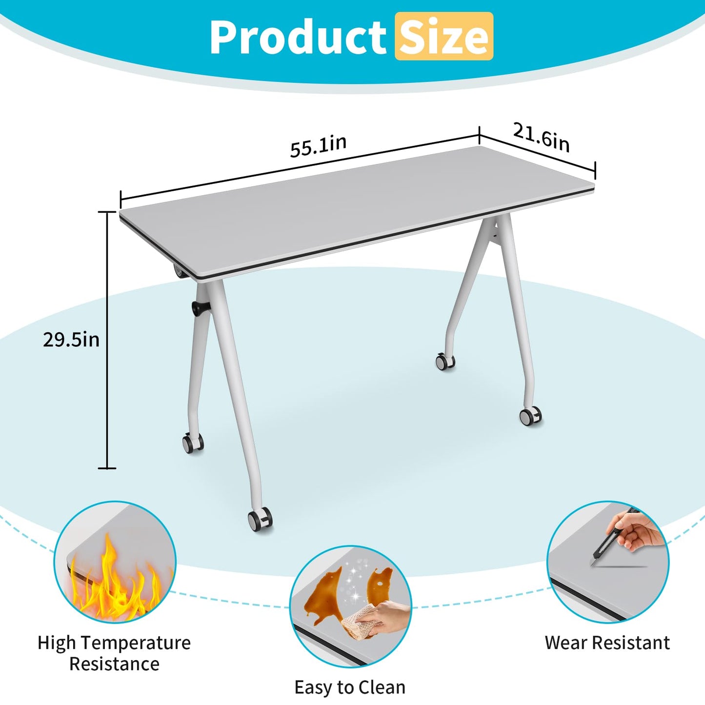 Conference Table with Wheels, Folding Conference Table with Knob & 4 Brake Casters, Modular Flip Top Mobile Conference Room Table for Office, Meeting, Training Room, Class (4, White, 55.1in)