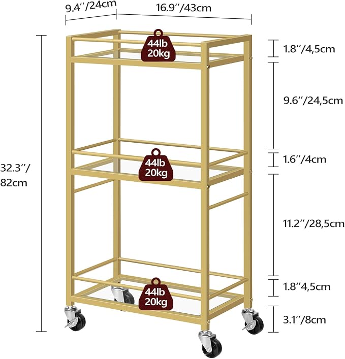 MAHANCRIS Bar Cart for The Home, 3-Tier Drink Cart on Wheels, Home Bar Serving Cart, Mini Bar Cart for Small Space, Kitchen, Dining Room, Gold RCJ40B01
