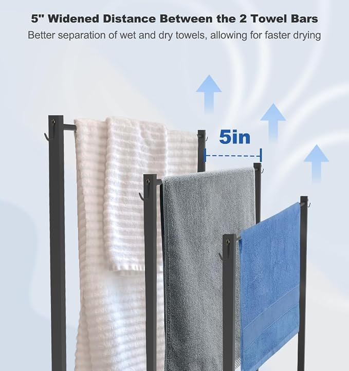 Extra Large Free Standing Towel Rack with Metal Storage Shelf & 6 Hooks for Bathroom, 3 Tiers Heavy Duty Blanket Drying Stand Holder for Outdoor Pool, Bedroom, Living Room, Black