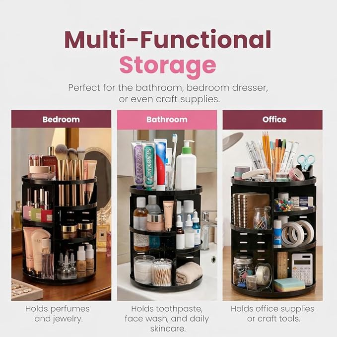 360 Rotating Makeup Organizer - Adjustable Shelf Height and Fully Rotatable. The Perfect Cosmetic Organizer for Bedroom Dresser or Vanity Countertop. (Black)