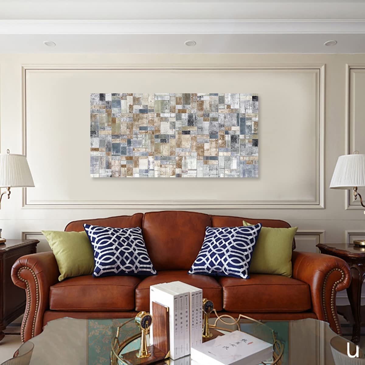 yearainn Large Abstract Canvas Wall Art for Living Room Wall Decor Geometric Patterns Prints Artwork Brown Grey Indigo Rectangle Canvas Pictures Home Office Wall Decorations Ready to Hang 24" X 48"