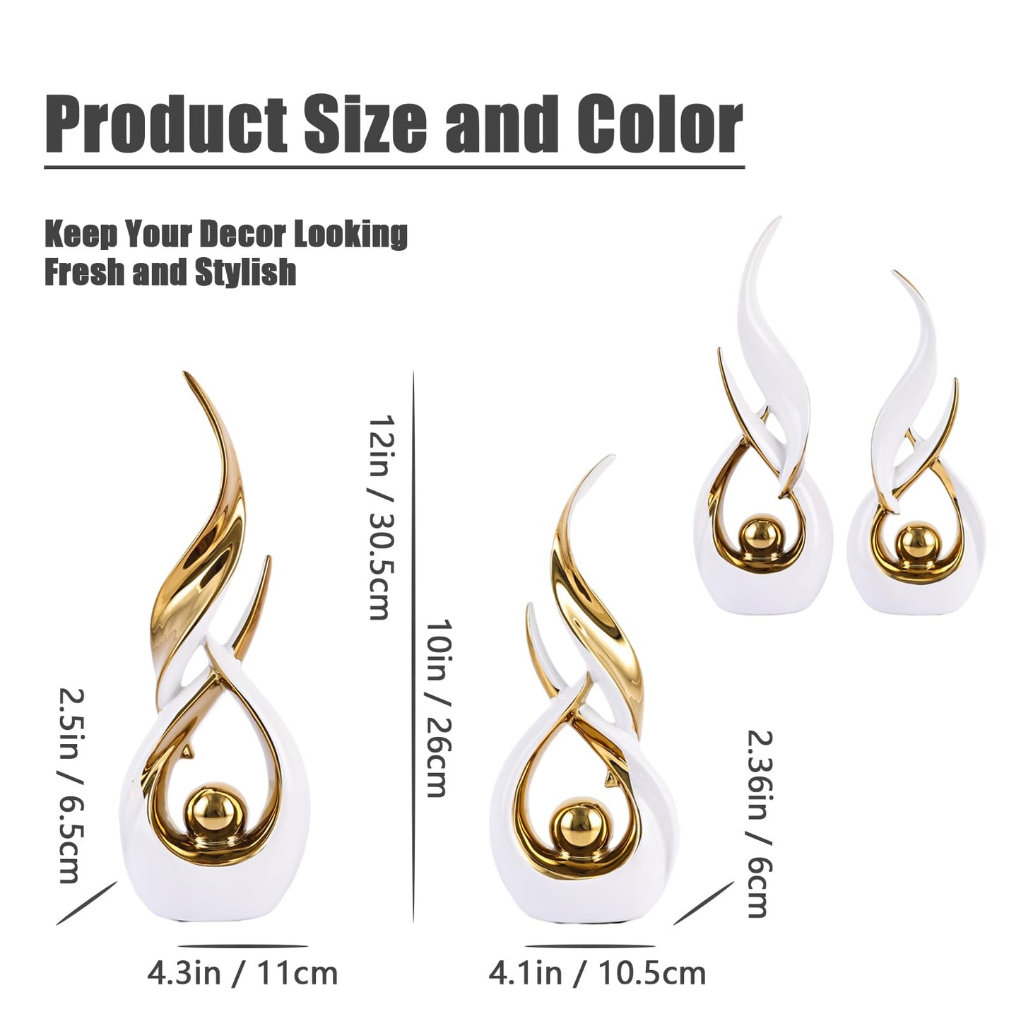 Gold Ceramic Abstract 2 Piece Statue Set,Mid Century Modern Abstract Art Home Decor Statue Mantelpiece on Unique Shelf Decor, TV Cabinet Divider Table top and Dining Table Centerpiece (White Gold)