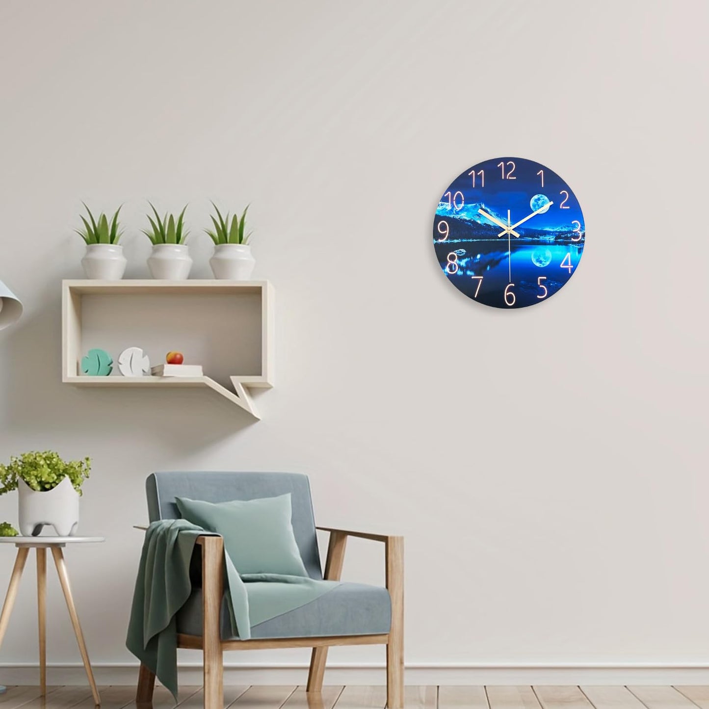 Constantplanet Blue Wall Clock for Bedroom 12 Inch Natural Landscape Round Analog Clock Battery Operated Moon Wall Clock Non Ticking