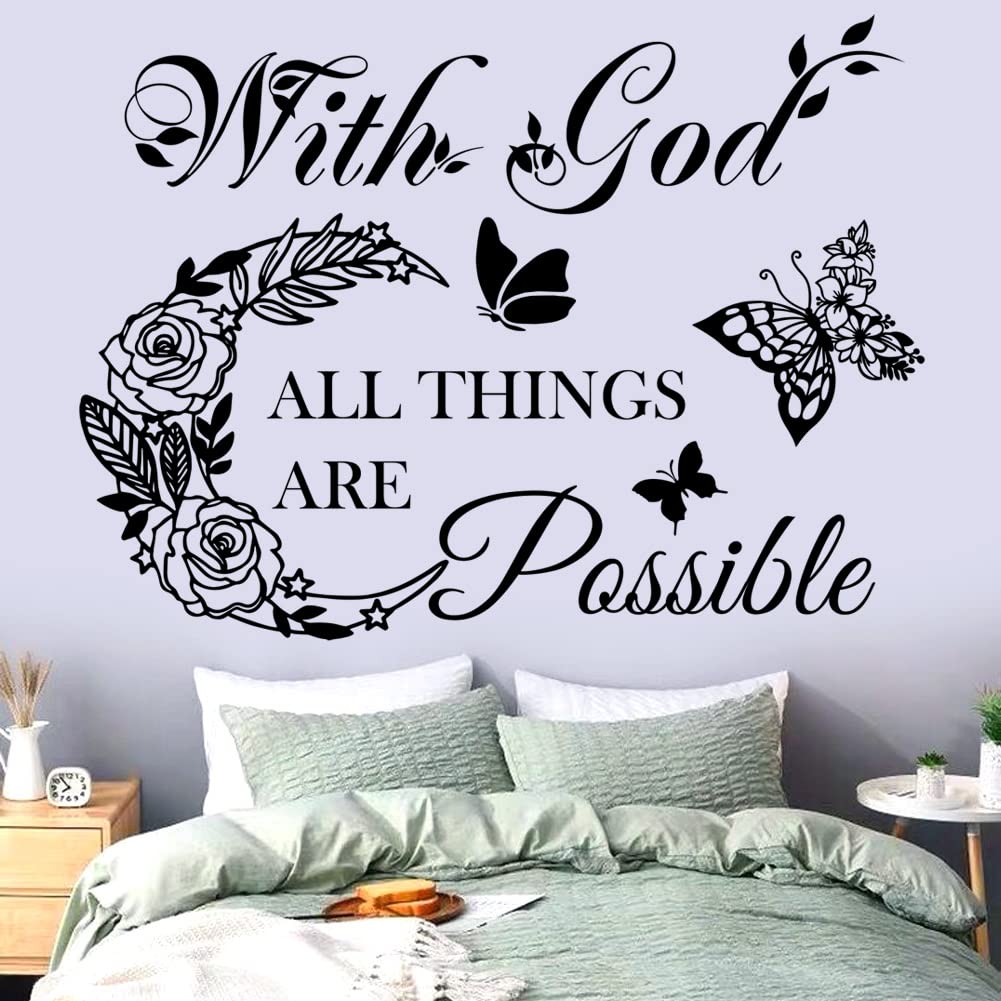 Inspirational God Things are Possible Vinyl Wall Sticker Peel and Stick Quote Bible Sticker Christian Wall Decor Quote Wall Art Stickers for Home Walls Living Room Bedroom Decoration