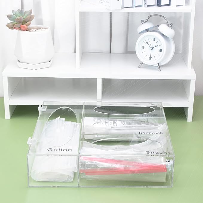 Acrylic Food Bag Storage Organizer, Acrylic Kitchen Drawer Bag Box Holder For Gallon Quart Sandwich And Snack, Compatible With Variety Size Bags Dispenser