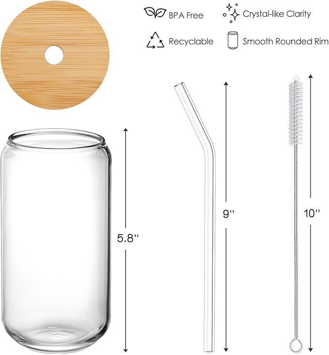 NETANY [ 8pcs Set ] Drinking Glasses with Bamboo Lids and Glass Straw - 16oz Glass Cups, Beer Glasses, Iced Coffee Glasses, Cute Tea Cup, Ideal for Cocktail, Whiskey, Gift - 2 Cleaning Brushes