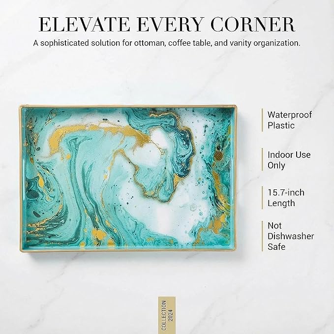 Decorative Tray, Marbling Plastic Tray with Handles, Rectangular Vanity Tray and Serving Tray for Bathroom, Kitchen, Ottoman and Coffee Table, 15.6" x 10.2" (Golden Blue)