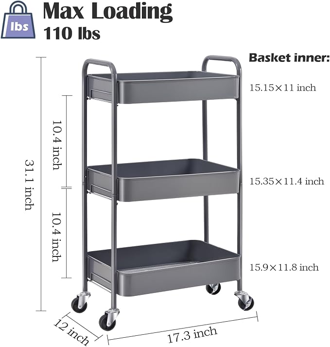 TOOLF 3-Tier Rolling Cart - Metal Utility Storage Organizer with Lockable Wheels, 33 lbs Per Shelf, Tool-Free 5-Min Assembly, for Kitchen Bathroom Office Nursery Craft Room, Grey