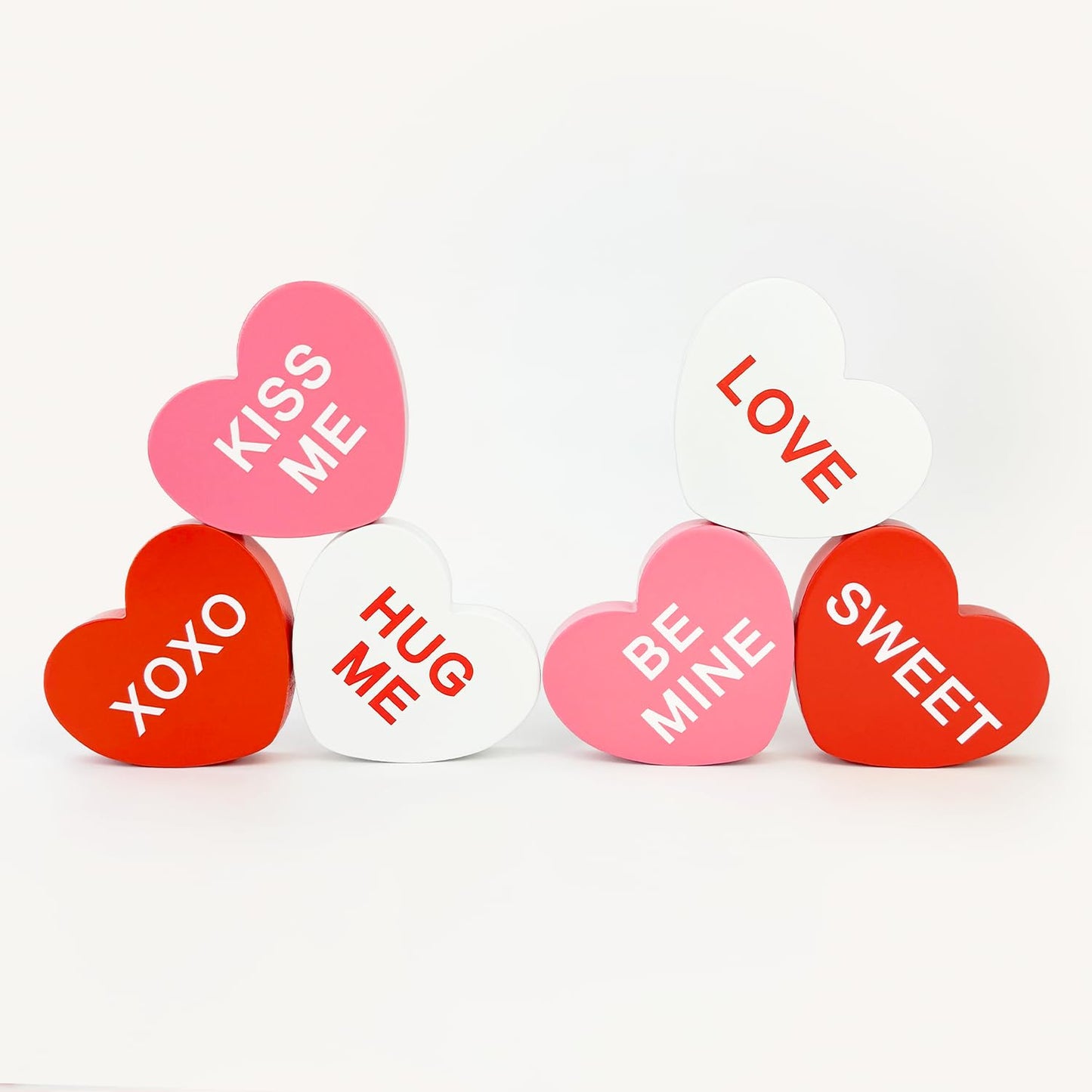 Valentines Day Decorations 6 PCS, Wooden Conversation Heart Decor for Home Table,Red White Pink Candy Heart Signs Centerpiece for Indoor Office Tiered Tray Fireplace,Valentine Gift for Couples Wedding