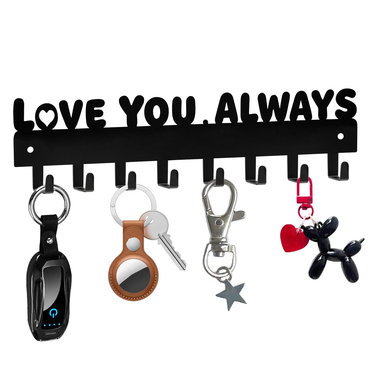 Key Holder Wall Mount & Love You Always Sign Key Holder, Key Hooks with 8 Hooks, Key Holder for Wall Self Adhesive, Key Rack for Wall No Drill for Entryway, Front Door, Hallway, Living Room - Black