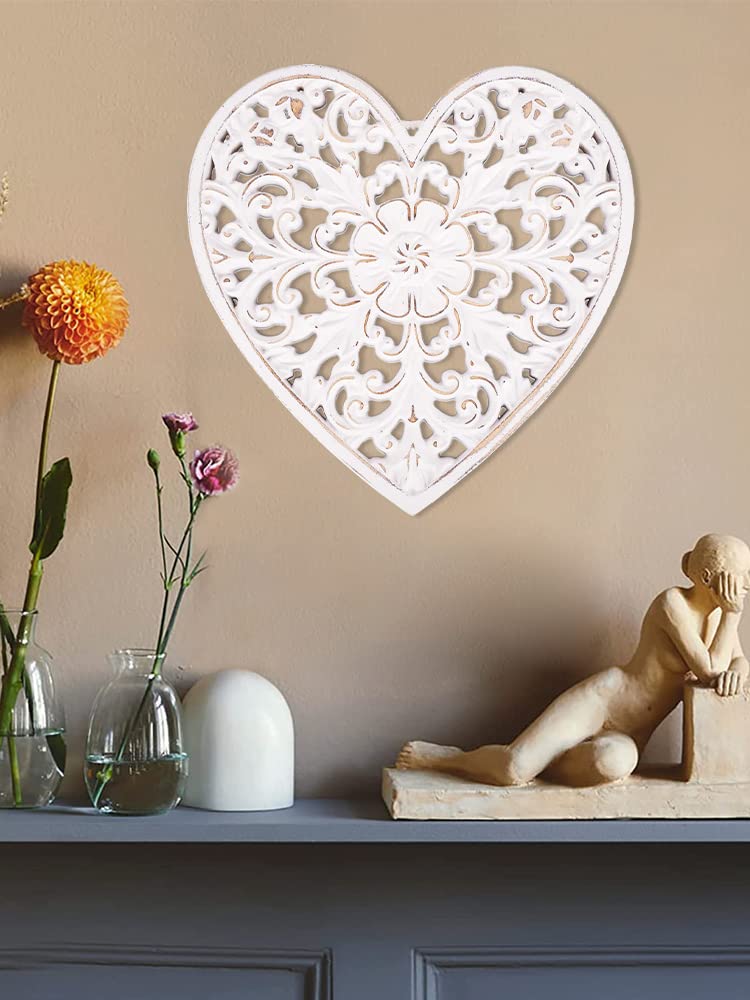 HOTBEST Wooden Wall Decor Floral Hollow Carved Wall Panel Hanging Decor Rustic Art Sculpture Home Ornament for Hallway Bedroom Living Room Cafe Office (Heart Shape 30 * 30cm)