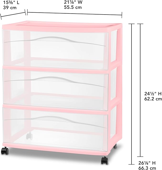 Sterilite 4 Pack Wide 3 Drawer Storage Cart, Rolling Organization, Pink | Clear Plastic Organizer Drawers with Wheels for Craft Supplies, Bath Essentials, or Home Accessories