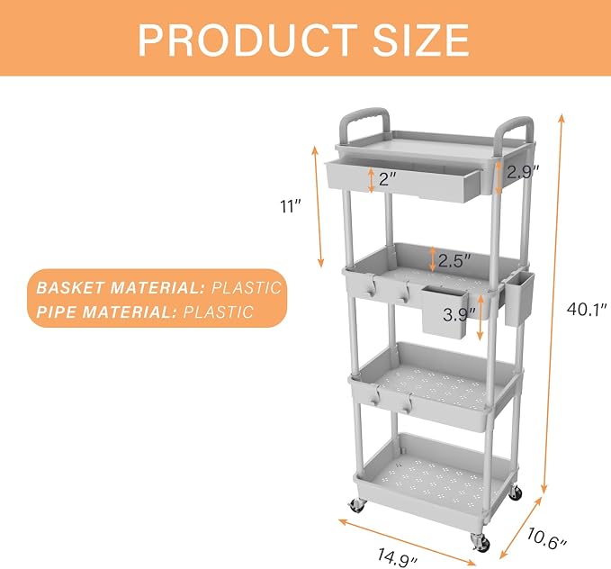 4 Tier Rolling Utility Cart with Drawer,REBECAT Utility Cart Made of Multifunctional Storage Organizer Tool for Kitchen,Bathroom,Living Room,Office(Gray)