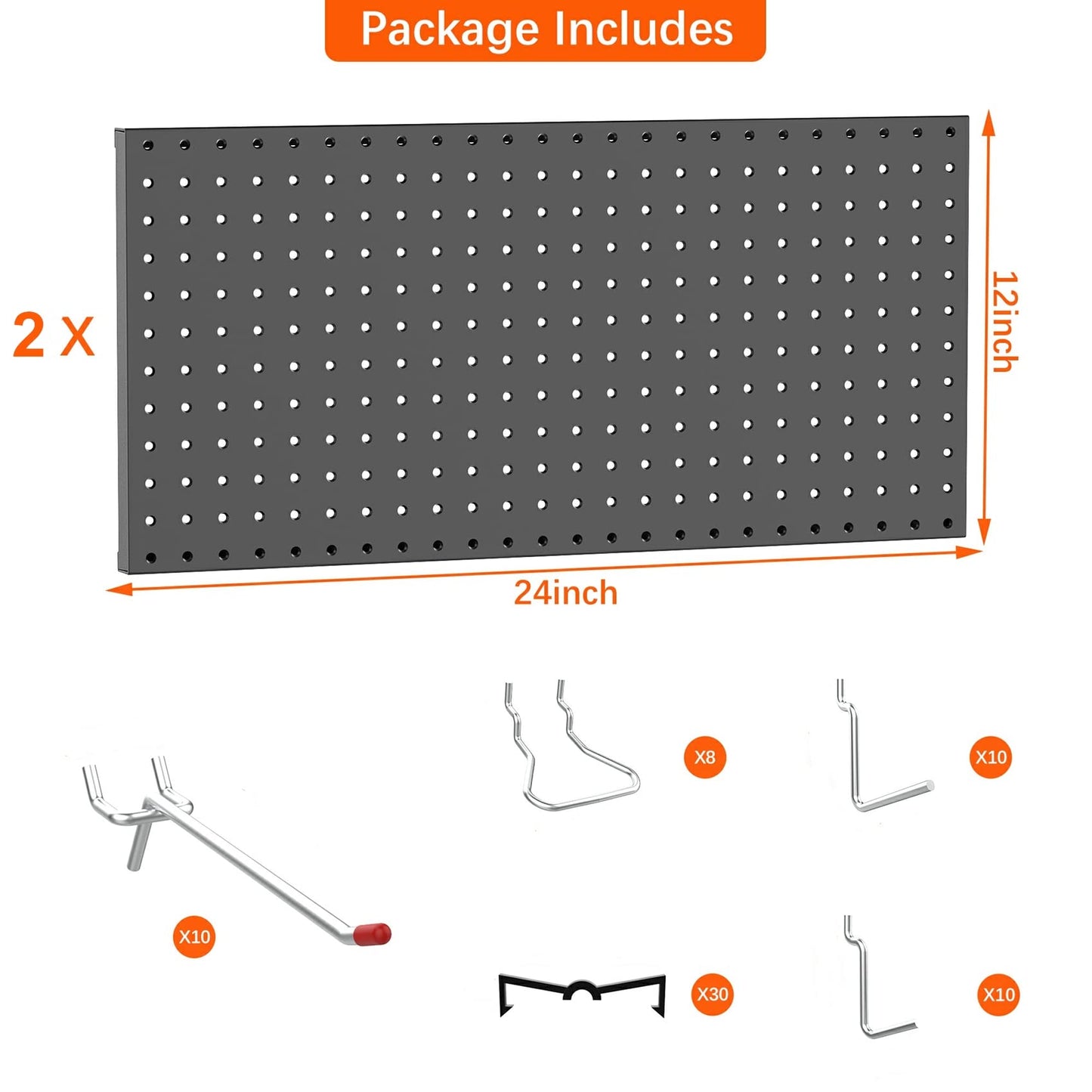 TORACK Metal Pegboard Wall Organizer 24" x 24" or 12" x 48", 70 PCS Tools Storage Pegboard for Garage Tool Organizer Peg Board with Pegboard Hooks for Workbench(Black)