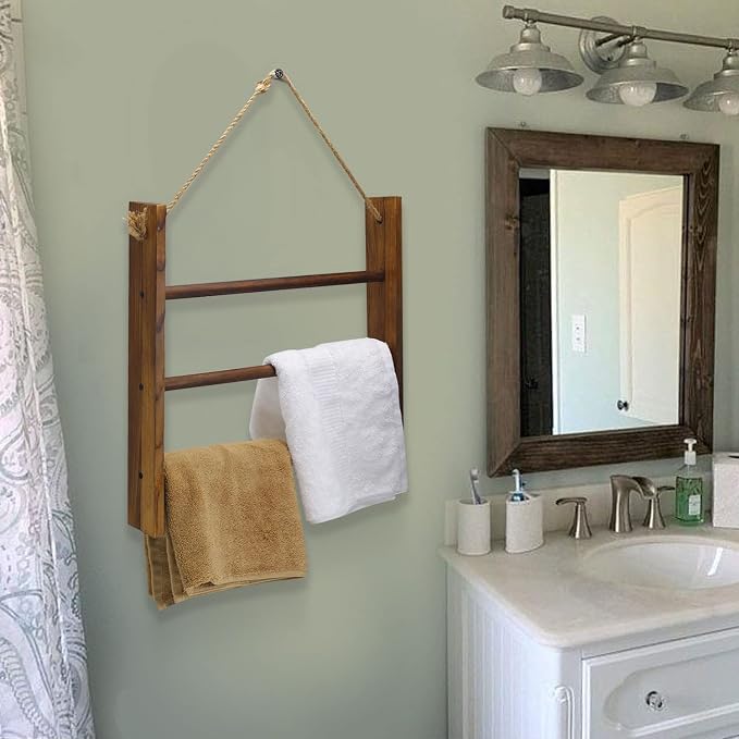 Drak Brown Towel Ladder - Rustic Decorative Blanket Rack for Bathroom & Living Room, Hanging Hand Towel Rack