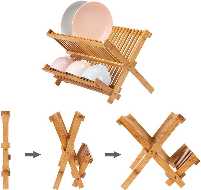 Lawei Collapsible Bamboo Dish Drying Rack - Plate Holder Dish Rack Cup Drying Strainer for Dish, Plate, Bowls, Cup