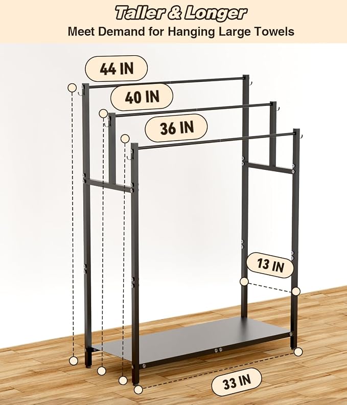 Mondazie 44” Tall Free Standing Towel Racks with 6 Hooks for Bathroom, 3 Tiers Oversized Pool Bath Towels Drying Stand, Metal Blanket Ladder Holder with Storage Shelf for Bedroom Living Room, Black