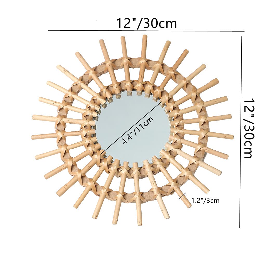 OYPEIP 12" Small Natural Rattan Sunburst Bohemian Hanging Glass Decor,Rustic Handwoven Innovative Art Decoration Round Makeup Mirror for Dressing Living Room Bedroom Bathroom Corridor,Entryway