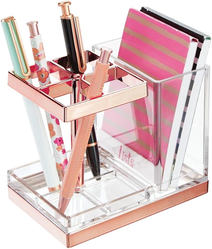 mDesign Plastic Toothbrush and Toothpaste Storage Organizer Holder - Home Decor for Bathroom Countertop - Holds Toiletries and Beauty Accessories - Lumiere Collection - Clear/Rose Gold
