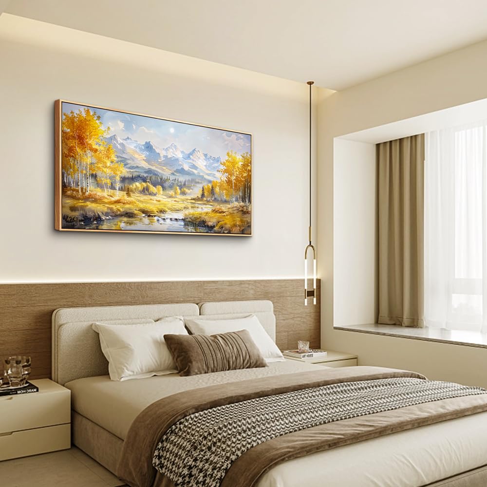 ZUITINGHUA Wood Framed Canvas Wall Art For Living Room Wall Decor For Bedroom Office Wall Decorations Yellow Tree Landscape Paintings Mountain Pictures Artwork Room Aesthetic Home Decor 20x40 In