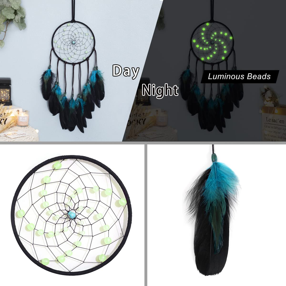 Dream Catchers with Luminous Beads, Handmade Blue Dreamcatcher, Bedroom Decor for Boys Girls Kids Ornament Art Craft Gift