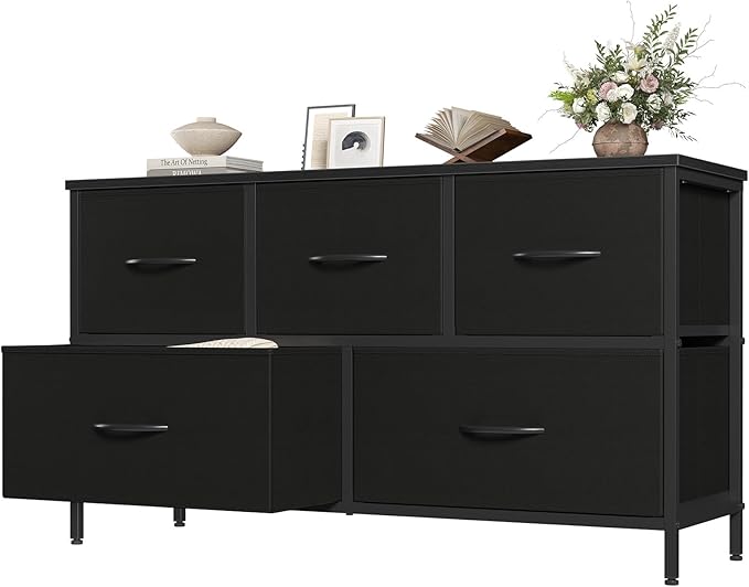 OLIXIS 5 Drawer Dresser for Bedroom, Closet Chest Organizer Furniture, TV Stand for Living Room Hallway, Wide Fabric Storage Tower with Wooden Top and Metal Frame, Black