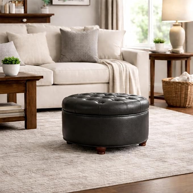 Homepop Home Decor | Button Tufted Faux Leather Round Storage Ottoman | Ottoman with Storage for Living Room & Bedroom (Black Faux Leather)