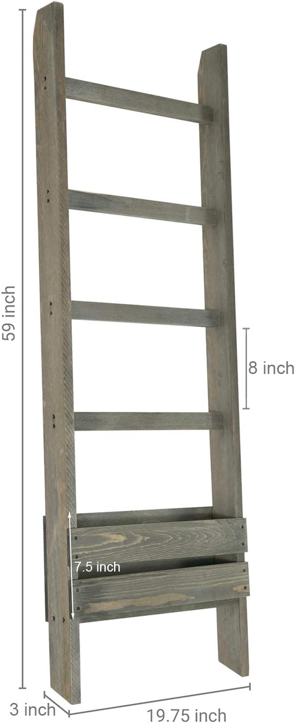 MyGift Blanket Ladder with Storage Shelf, Wooden Blanket Holder Rack, Decorative Ladder Shelf, Drying and Display Rack for Bathroom, Living Room, Gray