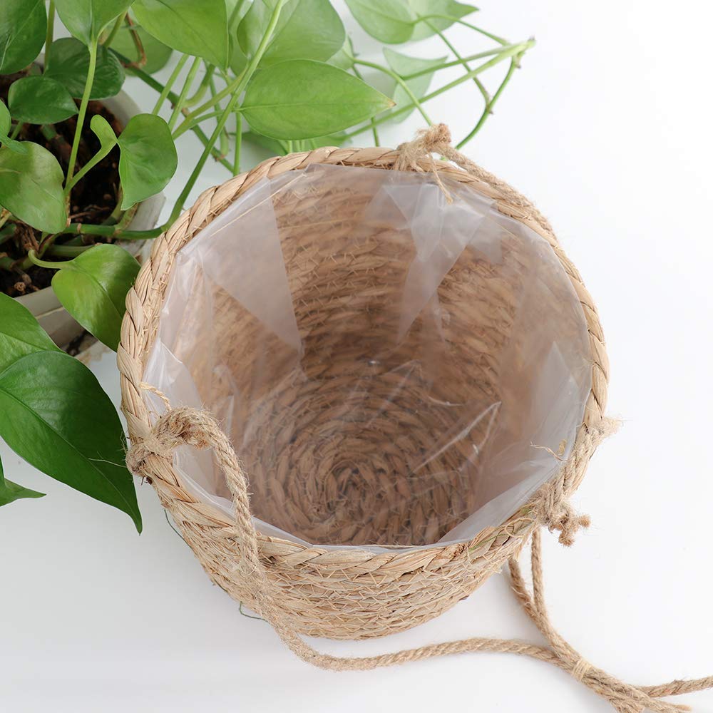 RXMORI Jute Rope Hanging Planter Basket, Rattan Woven Plant Hanger with Plastic Liner Macrame Plant Holder Storage Organizer for Plants Indoor Outdoor(Brown)
