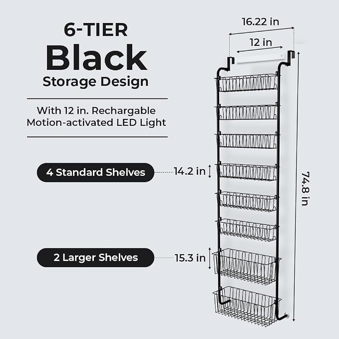 Over Door Organizer Storage - 6 Tier Black Metal Over the Door Pantry Organizer Heavy Duty Hanging Storage Rack, Behind Cabinet Shelves for Home, Kitchen, Bathroom, Closet, Pantry