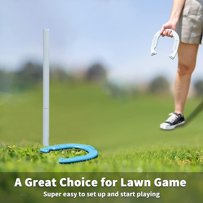 Horseshoes Outside Game Set - Universal Size Lawn Horseshoes Outdoor Games for Parties Beach Backyard, Includes 4 Horseshoes, 2 Steel Stakes and Durable Carrying Bag