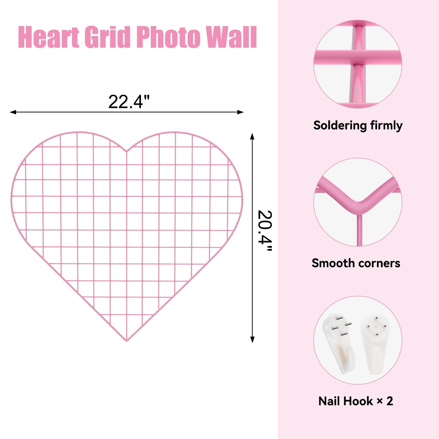 ECLENYES Grid Photo Wall Panels - 22.4"x20.4" Heart Shape Iron Rack Art Wire Board, Wall Grid Organizer, DIY Photo Frame for Home, Office, Kitchen, Bedroom, Christmas Gifts - Pink