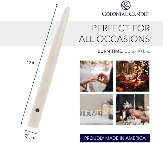 Colonial Candle Unscented Taper Candle, Handipt Collection, Ivory, 12 In, Pack of 12 - Up to 10 Hours Burn