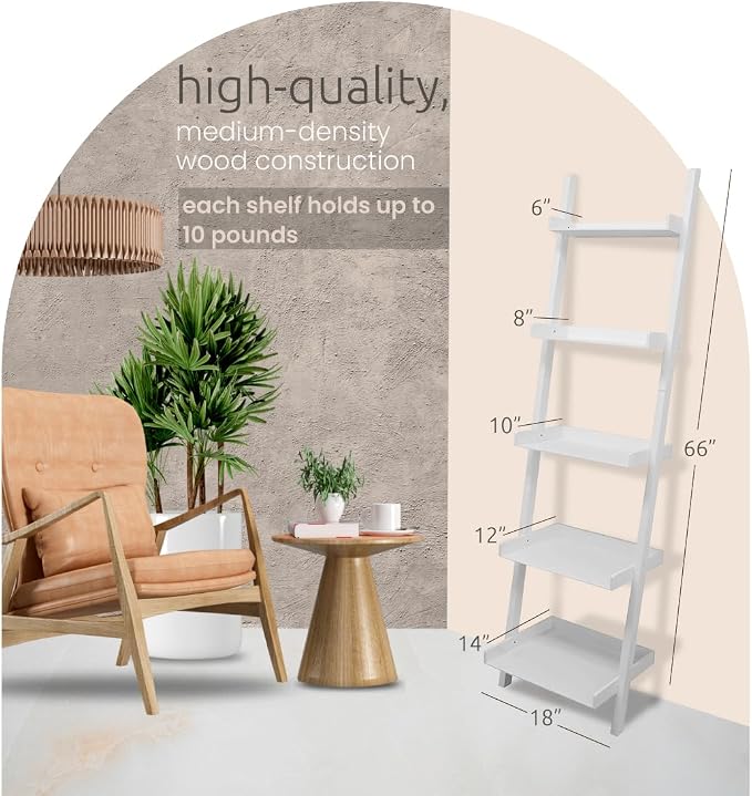 Kiera Grace Providence Hadfield 5 Tier Ladder Shelf, Leaning Bookshelf Storage Rack for Home, Office, 18" x 67", White