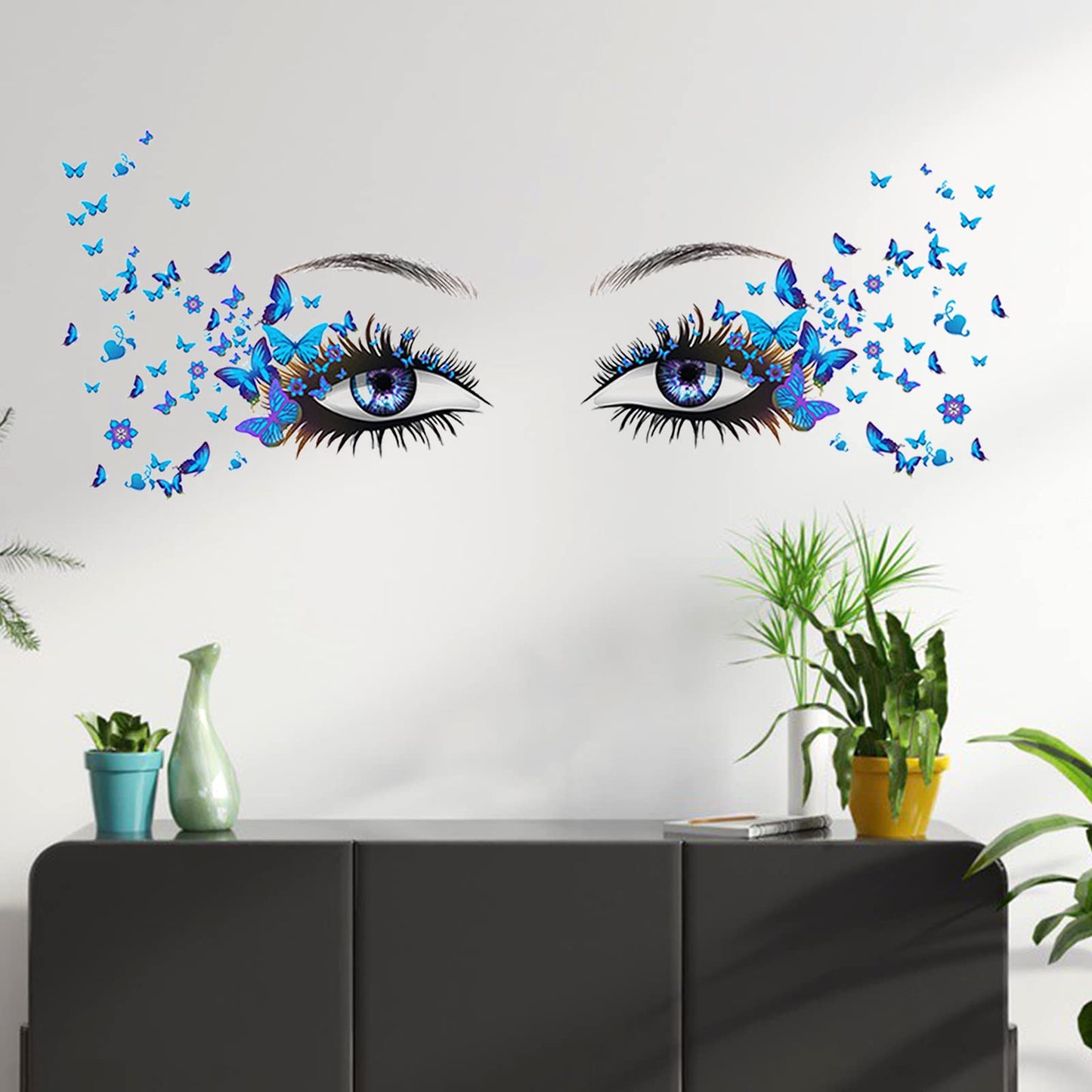 X-xdaonl Blue Eyelash Eyes Wall Stickers - 4 Sheets, Premium Matte Vinyl, Butterfly Decals, Waterproof, for Women Girls Bedroom Living Room Decoration