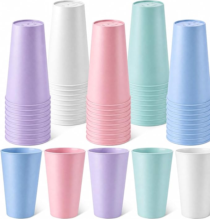 Yungyan 50 Pcs Unbreakable Plastic Cups 16oz Thickened Reusable Plastic Cup Stackable Water Tumblers Drinking Cup for Kitchen, Outdoor, Bpa-free, Dishwasher Refrigerator and Microwave(Bright Color)
