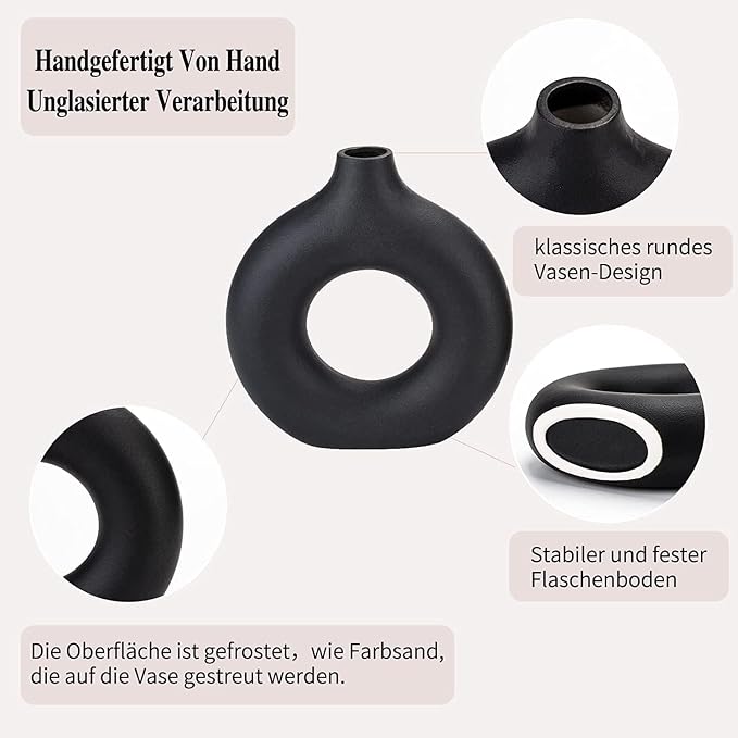 Black Ceramic Donut Vase Set of 2, Hollow Round Matte Pampas Flower Vases for Boho Home Wedding Party Room Dinner Table Shelf Decor.（Black）
