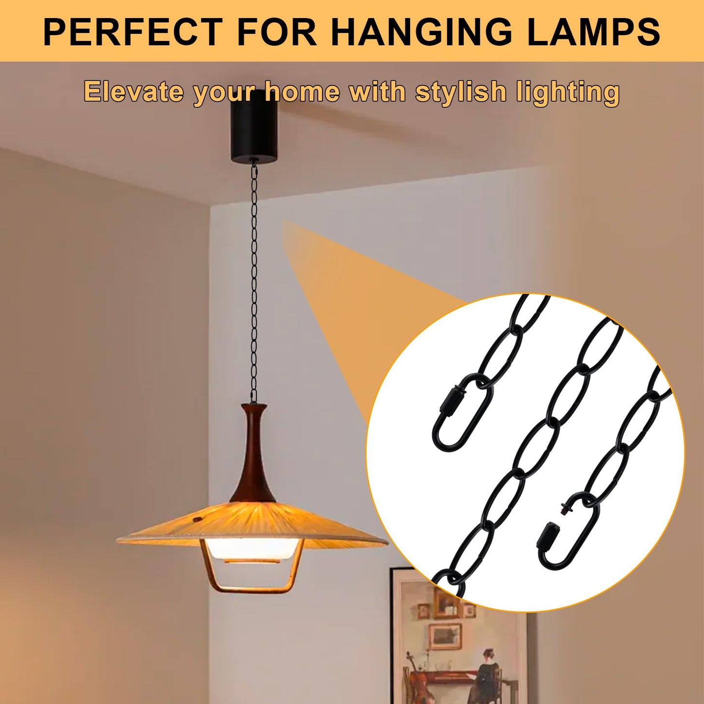 Rkoyes 6 Feet Industrial Black Light Fixture Chain, 72 Inches Long, Metal Chain for Hanging Plants with Detachable Link, Decorative Black Chain for Hanging Chandelier, Lamp, Baskets, Bird Feeders