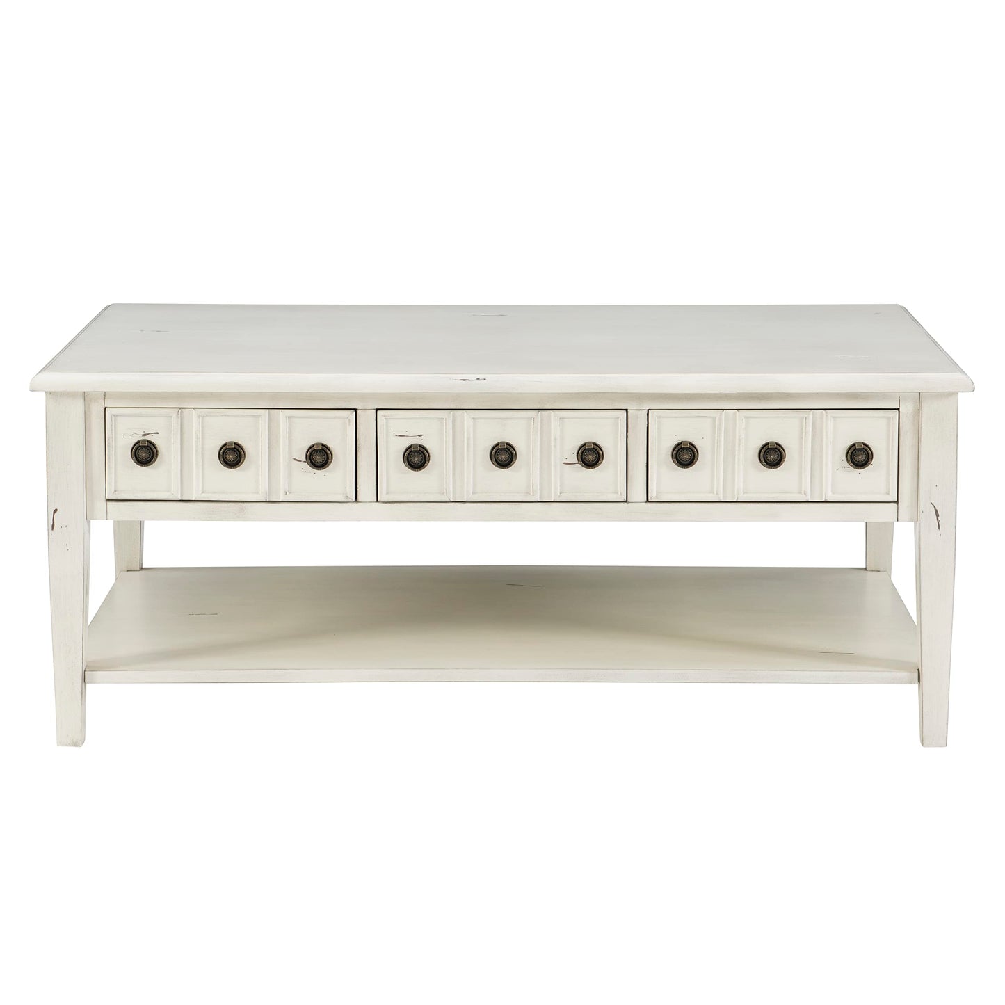 Powell Kelly Cream Coffee Table with Three Pull Thru Drawers and Open Shelf