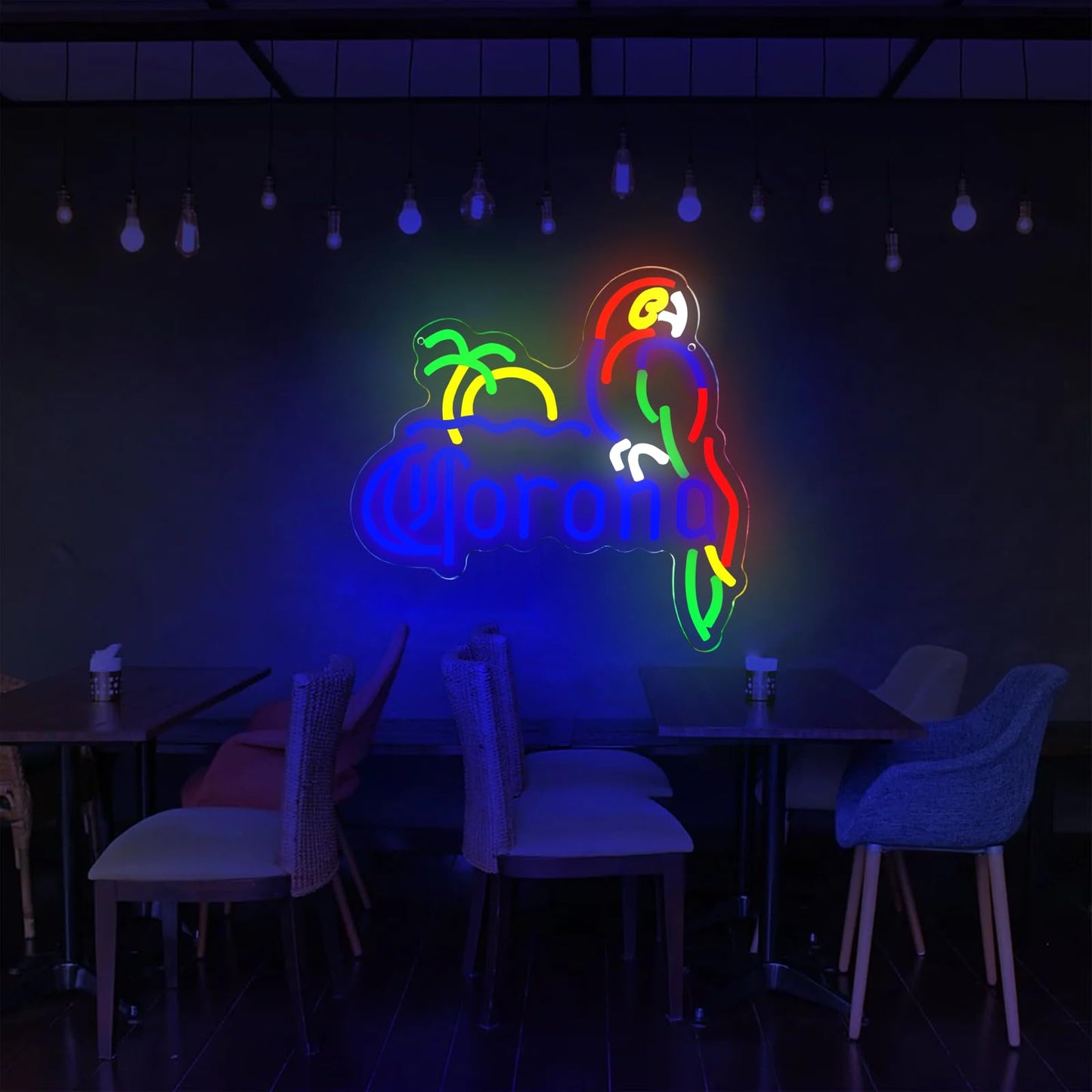 KODGGHK Coron Neon Sign Parrot Neon Lights for Bar Decor, Palm Tree Beer Lights Bar LED Neon Sign Dimmable Light Up Signs Man Cave Home Pub Beer Gift Neon Lamp (Blue)