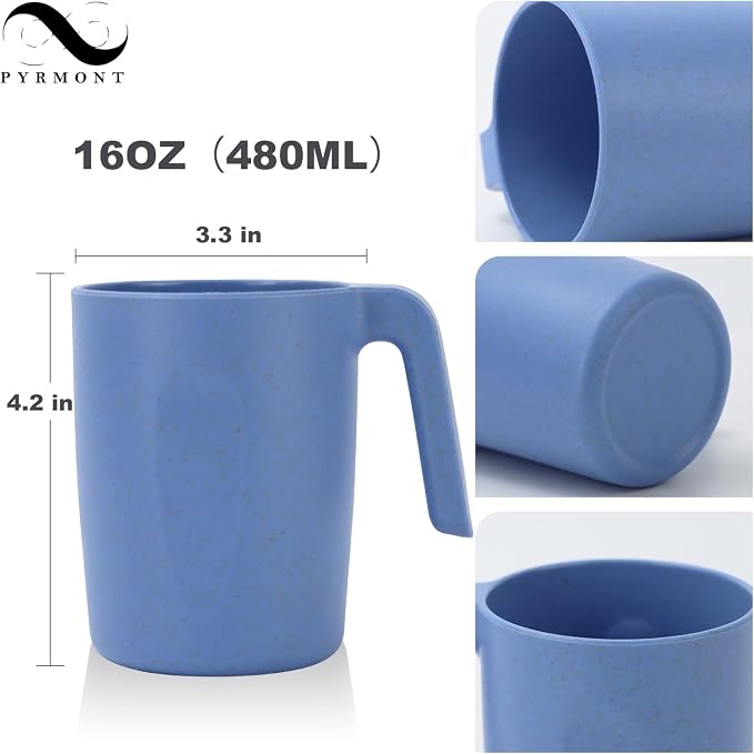 PYRMONT Wheat Straw Cups 16 Oz Alternative Plastic Cups With Handle Dishwasher & Microwave Safe Mug Set of 6 Unbreakable Cups Set for Party,Camping,Family Dinner-Lightblue