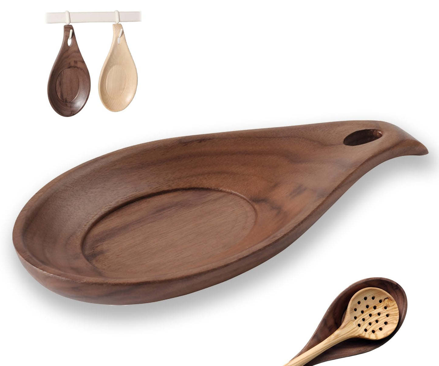 Wooden Spoon Rest for Kitchen, Spoon Holder for Stove Top or Countertop, Perfect Holder for Spatula, Spoons or Tongs(Walnut,Wood)