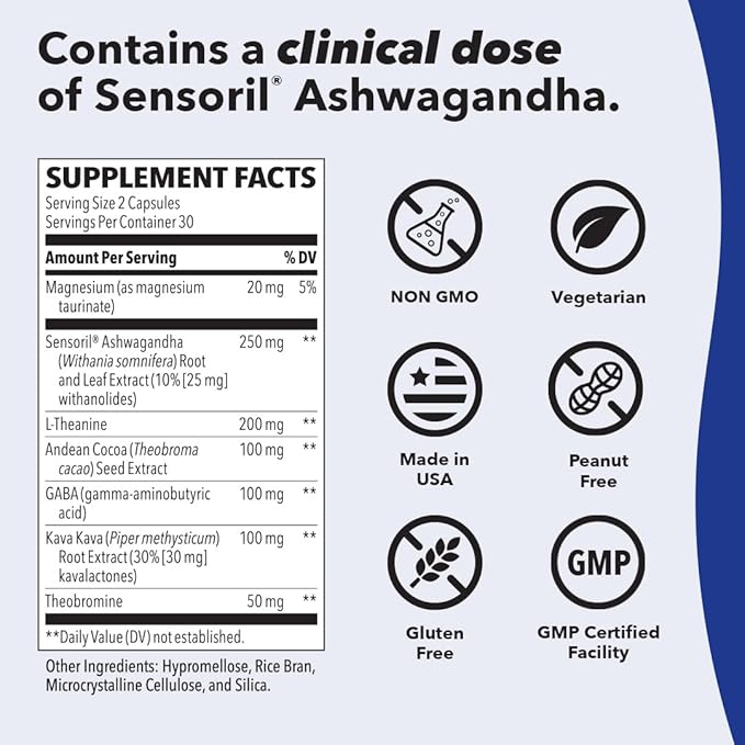 Anxie-T Plus - Extra Strength Stress Relief Supplement - Supports Mood & Mental Focus - Feel Calm and Relaxed - Eases Tension & Nervousness - Ashwagandha, Kava Kava, GABA & L-Theanine - 60 Capsules