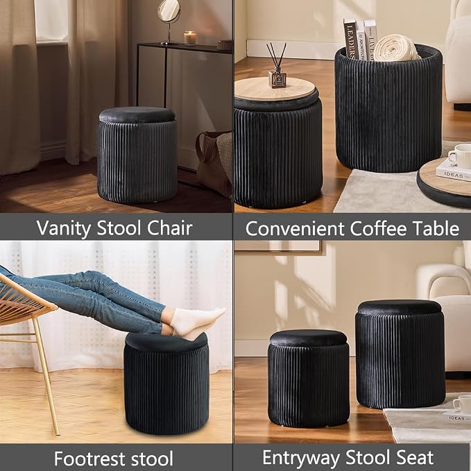 BLEXA Round Set of 2 Ottoman with Storage - Upholstered Velvet Vanity Stool for Makeup Multifunctional Ottomans Coffee Table Padded Seat Foot Rest for Living Room & Bedroom (Black)