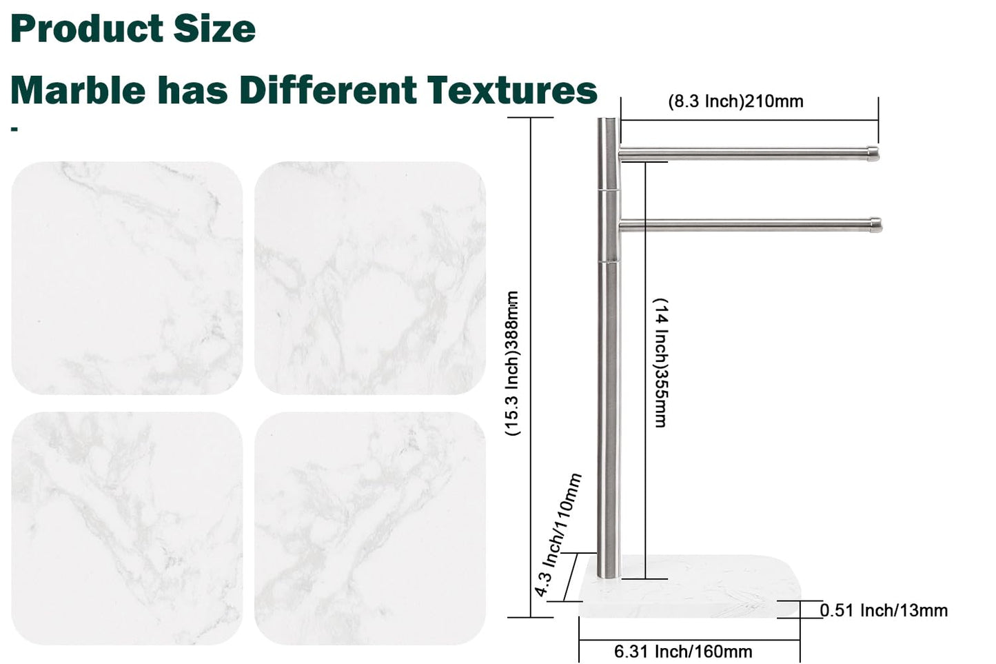 BathAce Hand Towel Holder, F-Shape Hand Towel Stand with Marble Base, Stainless Steel Swivel Hand Towel Rack Standing Towel Bar for Bathroom Kitchen Countertop, 2 Arms (Brushed Nickel)