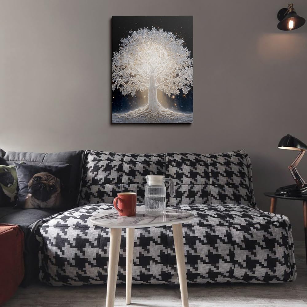Glowing Tree of Life Under Starry Night Sky Abstract Canvas Wall Art Framed Mystical Fantasy Nature Painting Prints Posters Artwork for Modern Living Room Bedroom Wall Decor Unique Gift 12x16 Inches