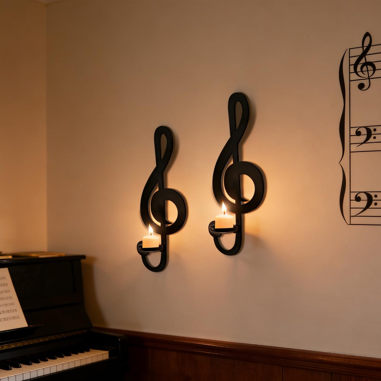Candle Sconces Set of 2 Wall Musical Note Sconces Decor Wall Mounted Metal Candle Holders with Foldable Tray ZAYHENYOO (2, L-A)